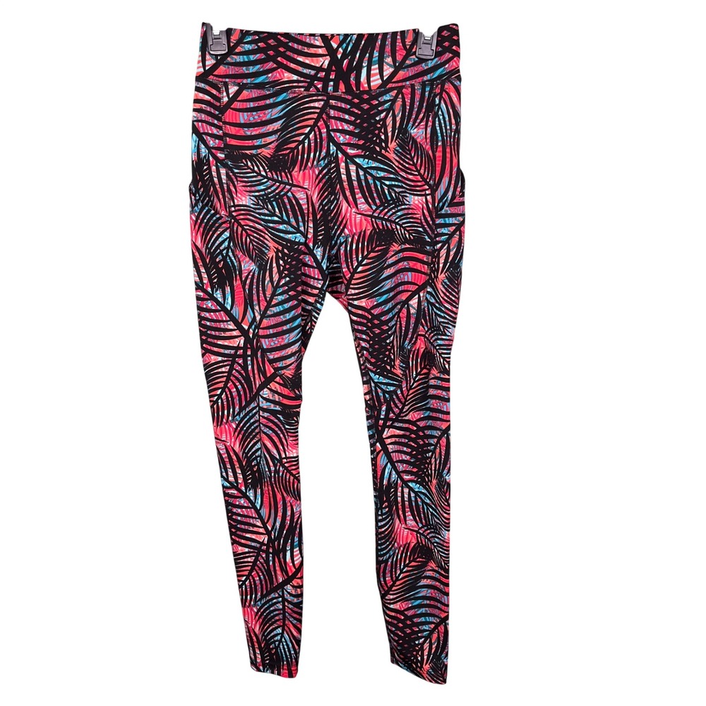 Pop Fit Womens Tropical Palm Leaf Print Leggings Pink Blue‎ Black Pockets Medium